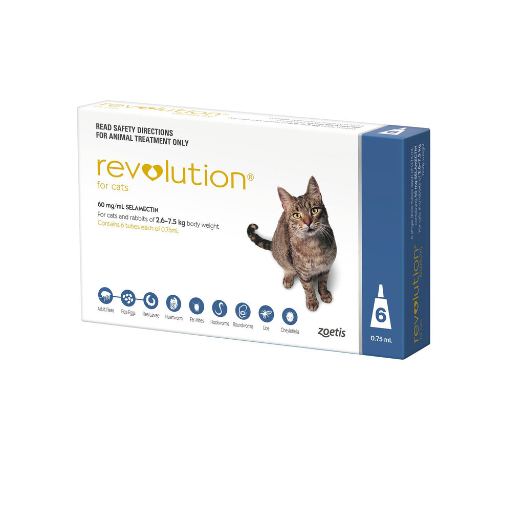 Revolution Flea Heartworm and Worming Treatment for Cats 2.6-7.5kg Blue 6 Pack-Habitat Pet Supplies