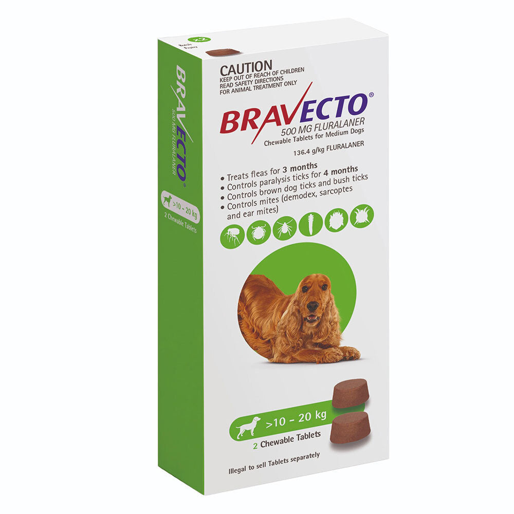 Bravecto Flea and Tick Chews for Medium Dogs 10kg-20kg Green 2 Pack-Habitat Pet Supplies