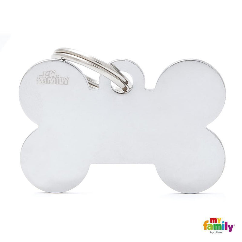 My Family Basic Bone Large Chrome Dog Tag with Free Engraving ^._.^-Habitat Pet Supplies