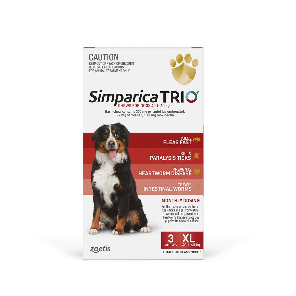 Simparica Trio Flea Tick and Worming Chews for Extra Large Dogs Red 3 Pack ^._.^-Habitat Pet Supplies