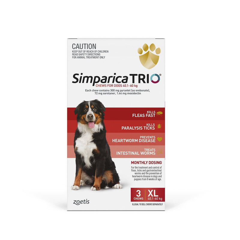 Simparica Trio Flea Tick and Worming Chews for Extra Large Dogs Red 3 Pack ^._.^-Habitat Pet Supplies