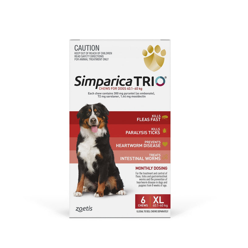 Simparica Trio Flea Tick and Worming Chews for Extra Large Dogs Red 6 Pack ^._.^-Habitat Pet Supplies