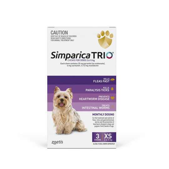 Simparica Trio Flea Tick and Worming Chews for Extra Small Dogs Purple 3 Pack ^._.^