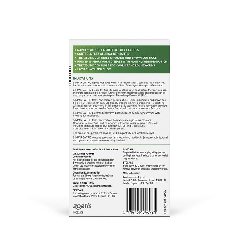 Simparica Trio Flea Tick and Worming Chews for Large Dogs Green 6 Pack ^._.^