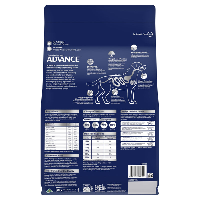 Advance Chicken and Rice Healthy Weight Medium Breed Adult Dog Dry Food 2.5kg (+_+)