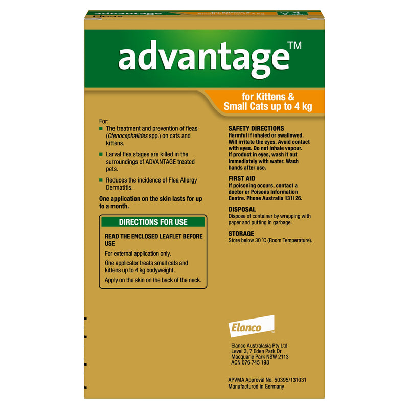 Advantage Flea Treatment for Cats 0-4kg Orange 4 Pack