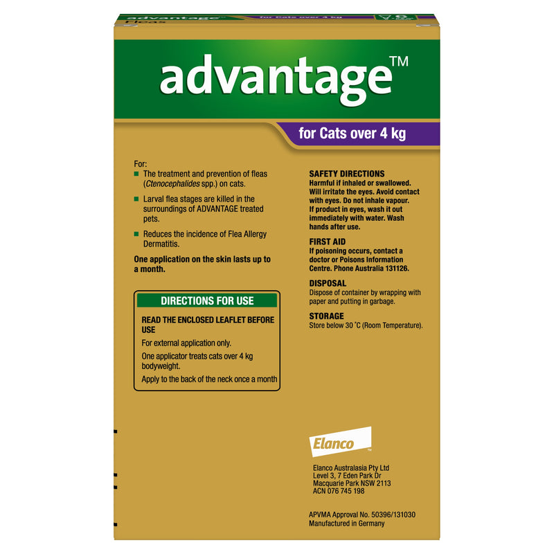 Advantage Flea Treatment for Cats 4kg Purple 6 Pack