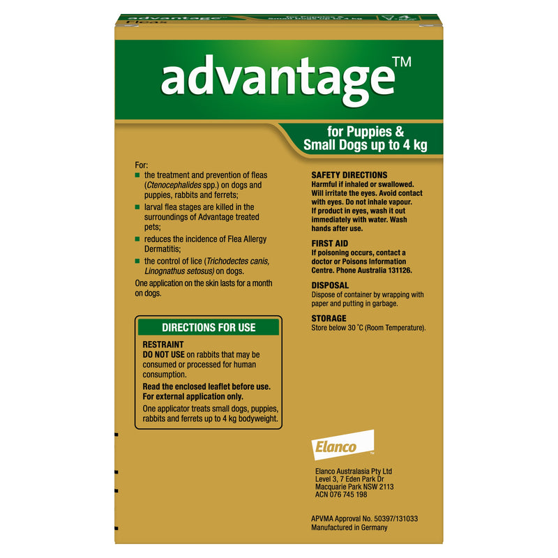 Advantage Flea Treatment for Dogs 0-4kg Green 4 Pack