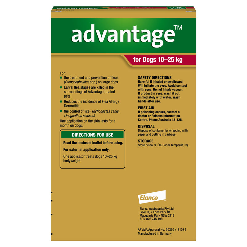 Advantage Flea Treatment for Dogs 10-25kg Red 4 Pack