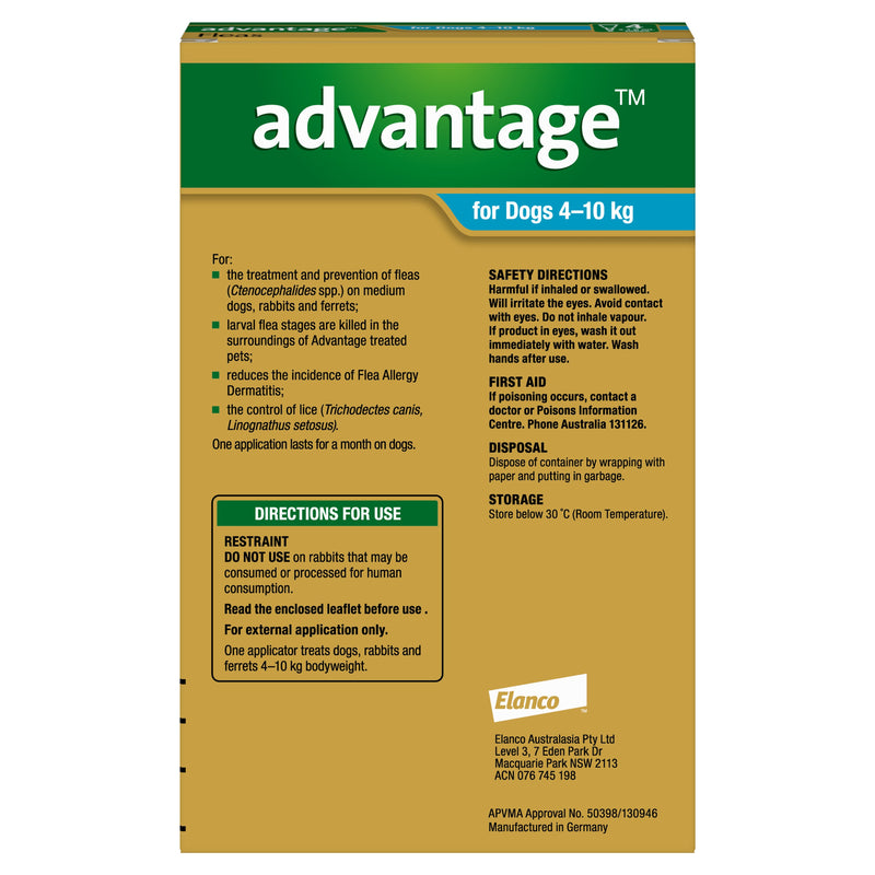 Advantage Flea Treatment for Dogs 4-10kg Aqua 4 Pack