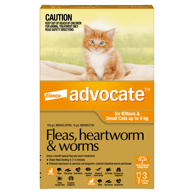 Advocate Flea Heartworm and Worm Treatment for Cats 0-4kg Orange 3 Pack