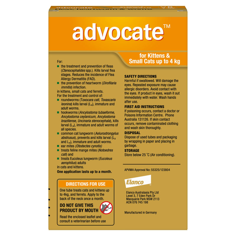 Advocate Flea Heartworm and Worm Treatment for Cats 0-4kg Orange 6 Pack