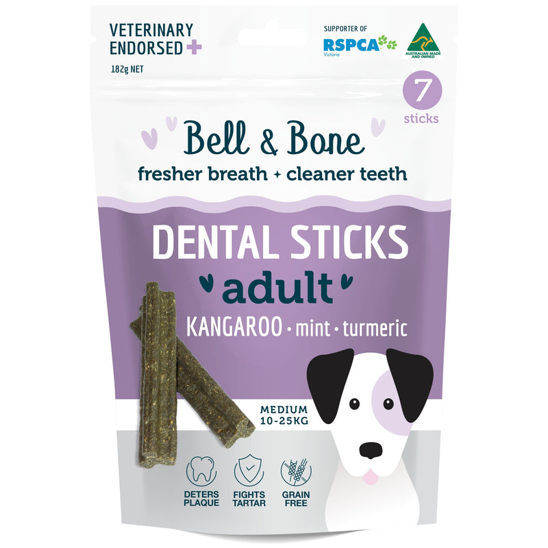 Bell and Bone Dental Sticks Kangaroo Mint and Turmeric for Medium Dogs 182g (+_+)-Habitat Pet Supplies