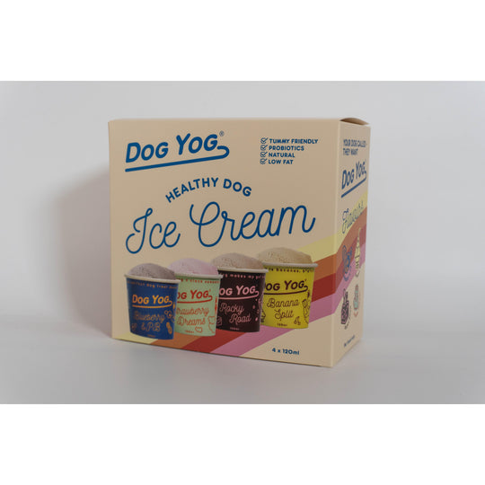 Dog Yog Frozen Dog Ice Cream Freezer Friendly 120ml Four Pack includes Blueberry Collagen, Strawberry Dreams, Rocky Road and Banana Split Flavours