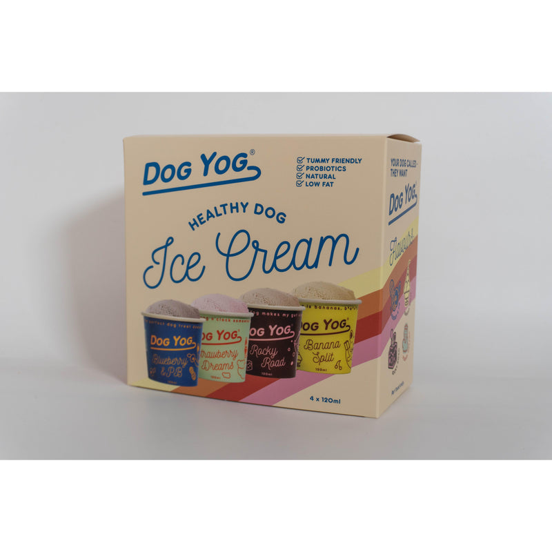 Dog Yog Frozen Dog Ice Cream Freezer Friendly 120ml Four Pack includes Blueberry Collagen, Strawberry Dreams, Rocky Road and Banana Split Flavours-Habitat Pet Supplies