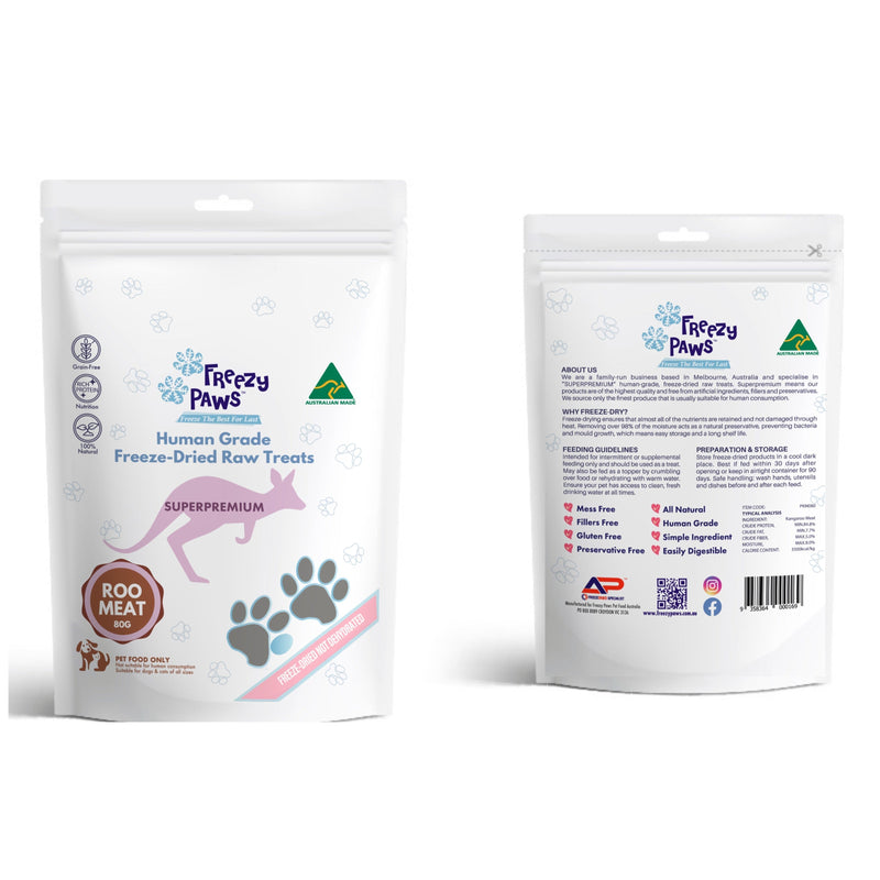 Freezy Paws Freeze Dried Kangaroo Meat Dog and Cat Treats 80g (+_+)