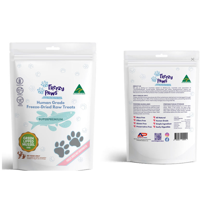 Freezy Paws Freeze Dried New Zealand Green Lipped Mussels Dog and Cat Treats 50g (+_+)