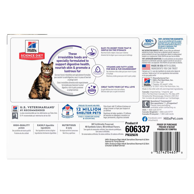 Hills Science Diet Adult Sensitive Skin and Stomach Chicken and Salmon Variety Cat Food Pouches 85g x 12