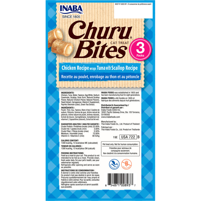 Inaba Churu Bites Chicken Tuna and Scallop Soft Cat Treats 3 Pack x6 :->>