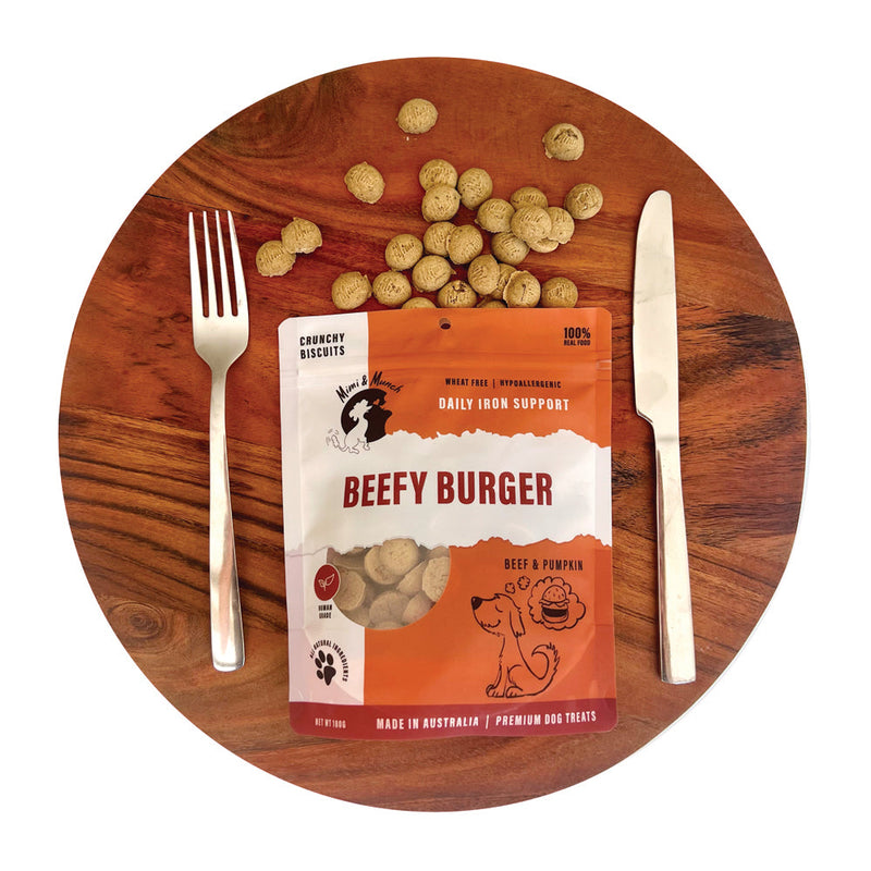 Mimi and Munch Wheat Free Beefy Burger Mini Dog Biscuits Treats 180g (+_+)