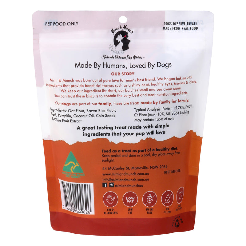 Mimi and Munch Wheat Free Beefy Burger Mini Dog Biscuits Treats 180g (+_+)