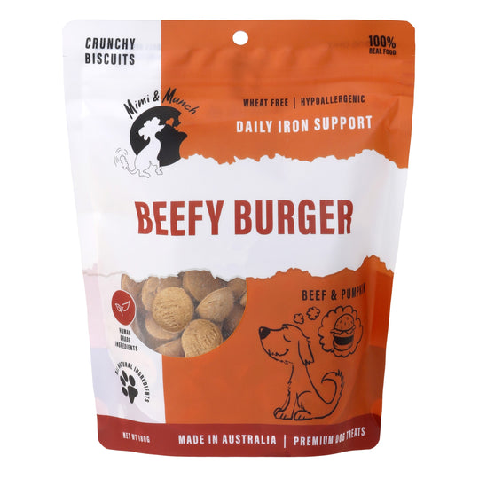 Mimi and Munch Wheat Free Beefy Burger Mini Dog Biscuits Treats 180g