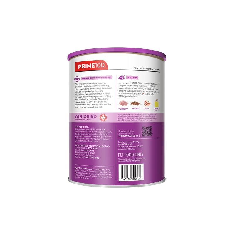 PRIME 100 SPD Air Dried Turkey and Flaxseed Dog Food 600g
