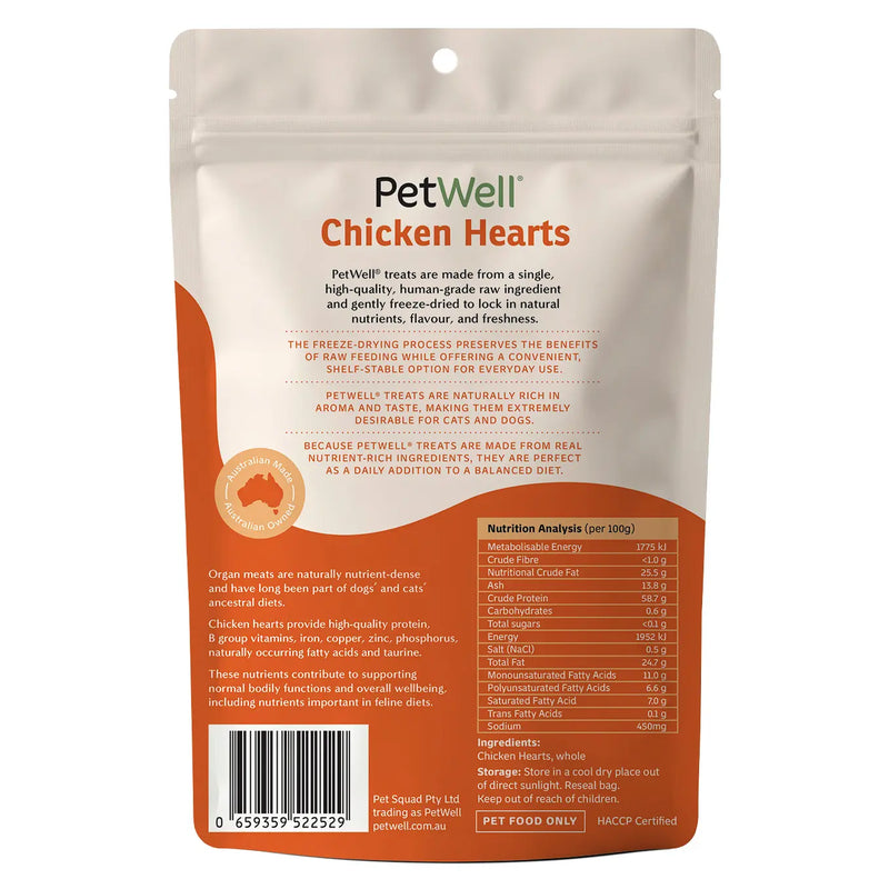 PetWell Freeze Dried Chicken Heart Treats for Dogs and Cats 80g