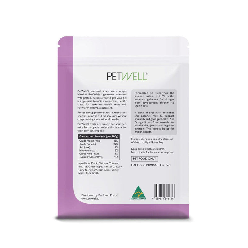 PetWell Freeze Dried Duck with Thrive Support Functional Treats for Dogs and Cats 100g