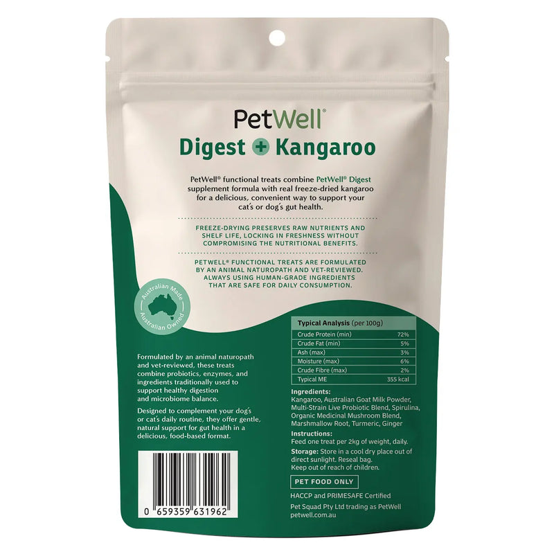 PetWell Freeze Dried Kangaroo with Digest Support Functional Treats for Dogs and Cats 80g