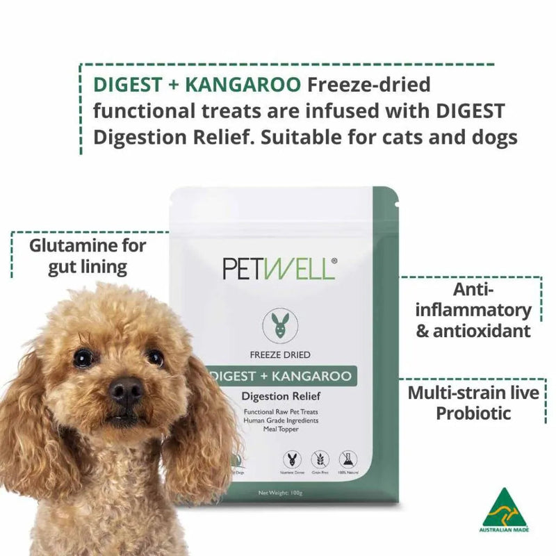 PetWell Freeze Dried Kangaroo with Digest Support Functional Treats for Dogs and Cats 80g