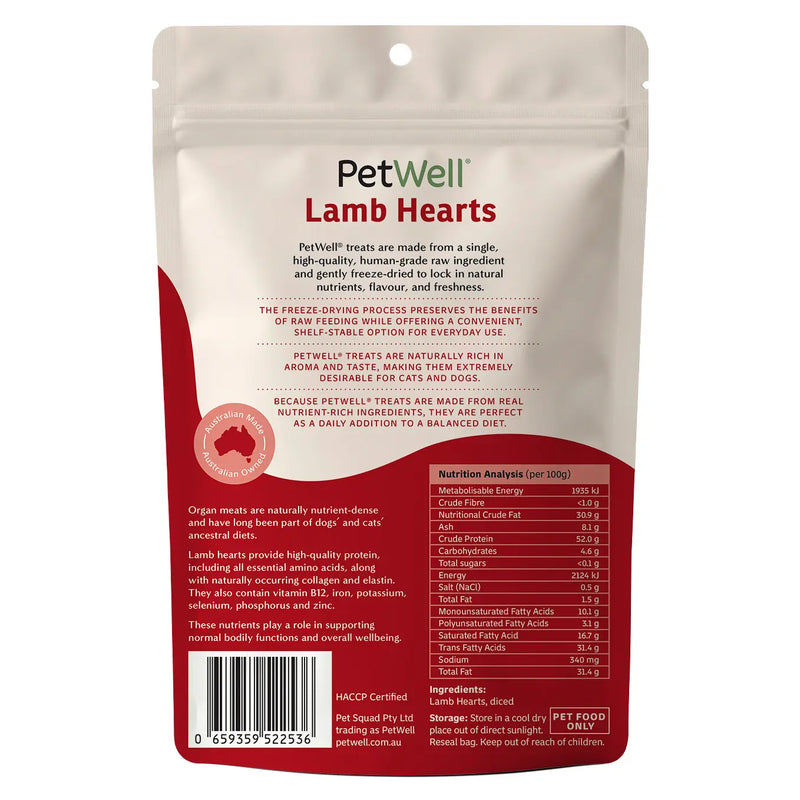 PetWell Freeze Dried Lamb Hearts Treats for Dogs and Cats 80g