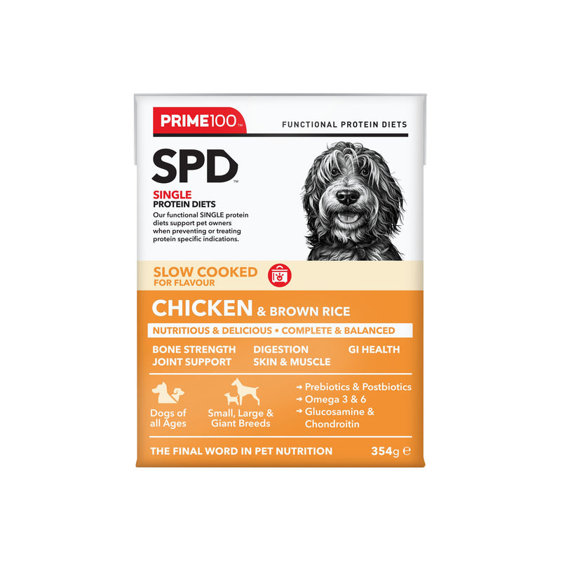 Prime 100 Slow Cooked Chicken and Brown Rice Dog Food 354g