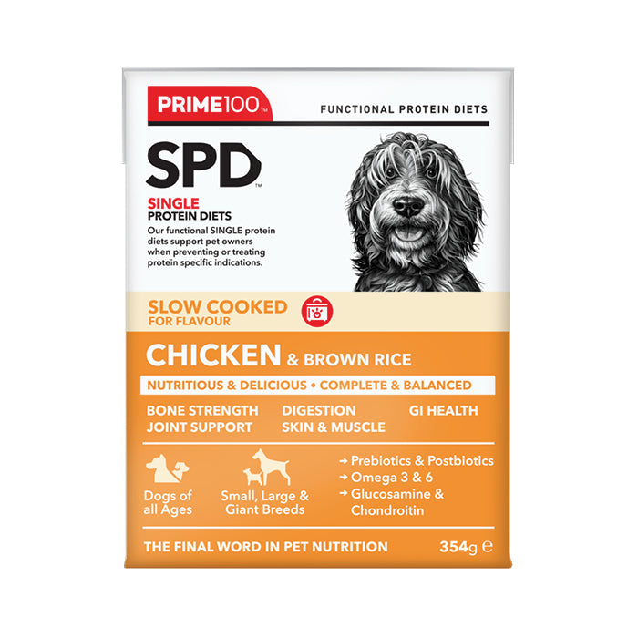 Prime 100 Slow Cooked Chicken and Brown Rice Dog Food 354g x12