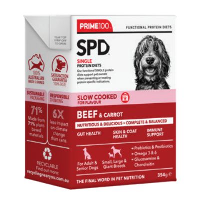 Prime 100 Slow Cooked SPD Beef and Carrot Dog Food 354g x 12-Habitat Pet Supplies