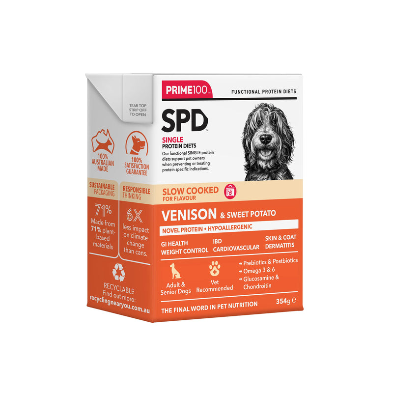 Prime 100 Slow Cooked SPD Venision and Sweet Potato Dog Food 354gx12