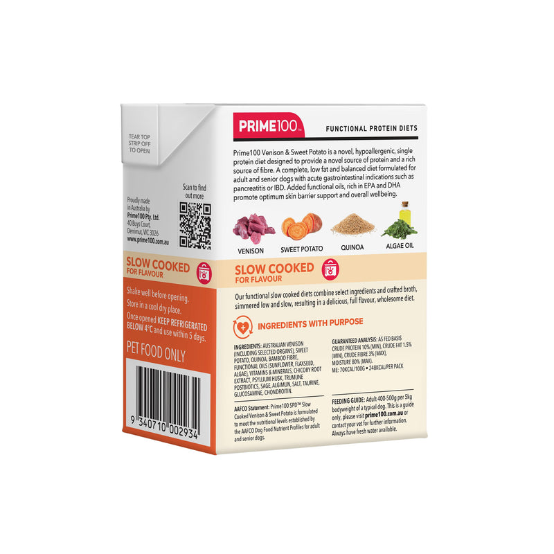 Prime 100 Slow Cooked SPD Venision and Sweet Potato Dog Food 354gx12
