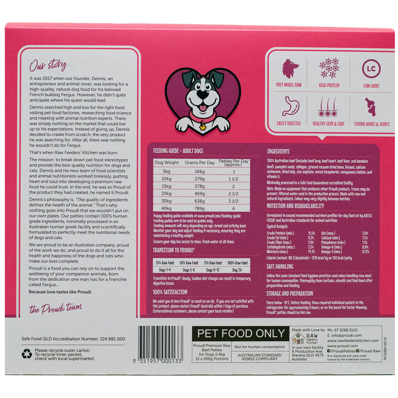 Proudi Beef Raw Dog Food Patties 2.4kg