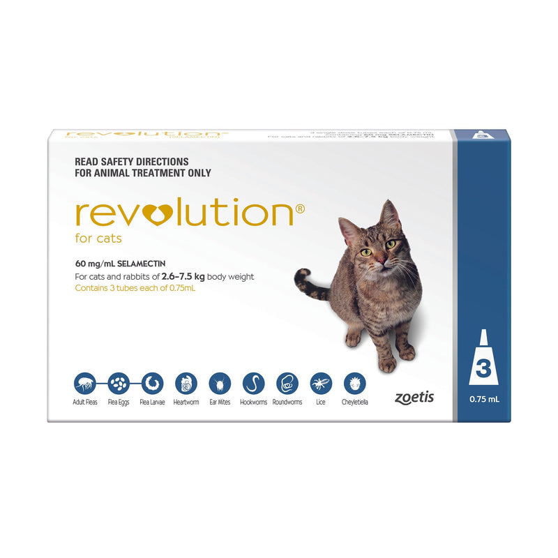 Revolution Flea Heartworm and Worming Treatment for Cats 2.6-7.5kg Blue 3 Pack