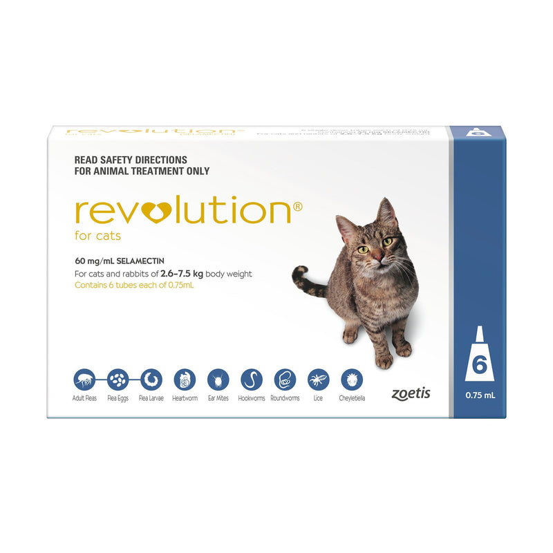 Revolution Flea Heartworm and Worming Treatment for Cats 2.6-7.5kg Blue 6 Pack