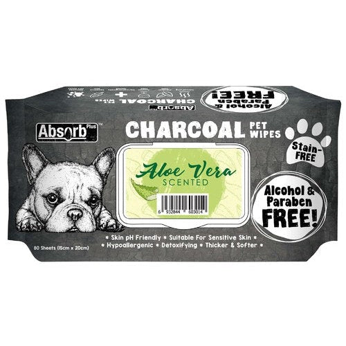 Absorb Plus Charcoal Aloe Vera Pet Wipes 80 Pack-Habitat Pet Supplies