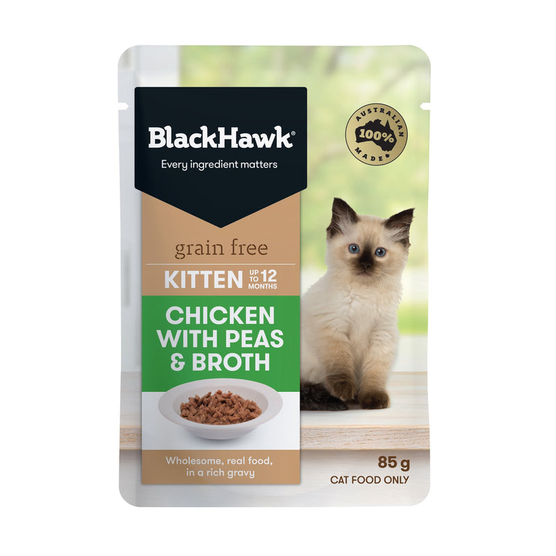 Black Hawk Grain Free Chicken with Peas and Broth Kitten Wet Cat Food 85g x 12***