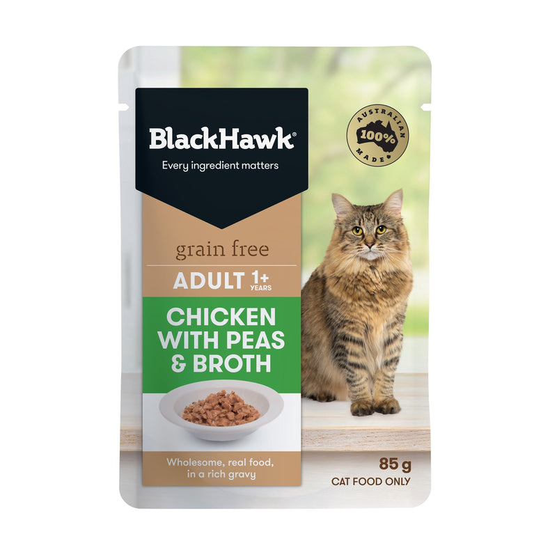 Black Hawk Grain Free Chicken with Peas and Broth Wet Cat Food 85g x 12***