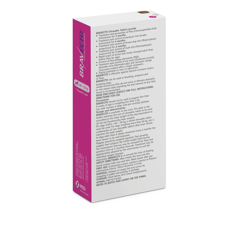 Bravecto Flea and Tick Chew for Extra Large Dogs 40kg-56kg Purple