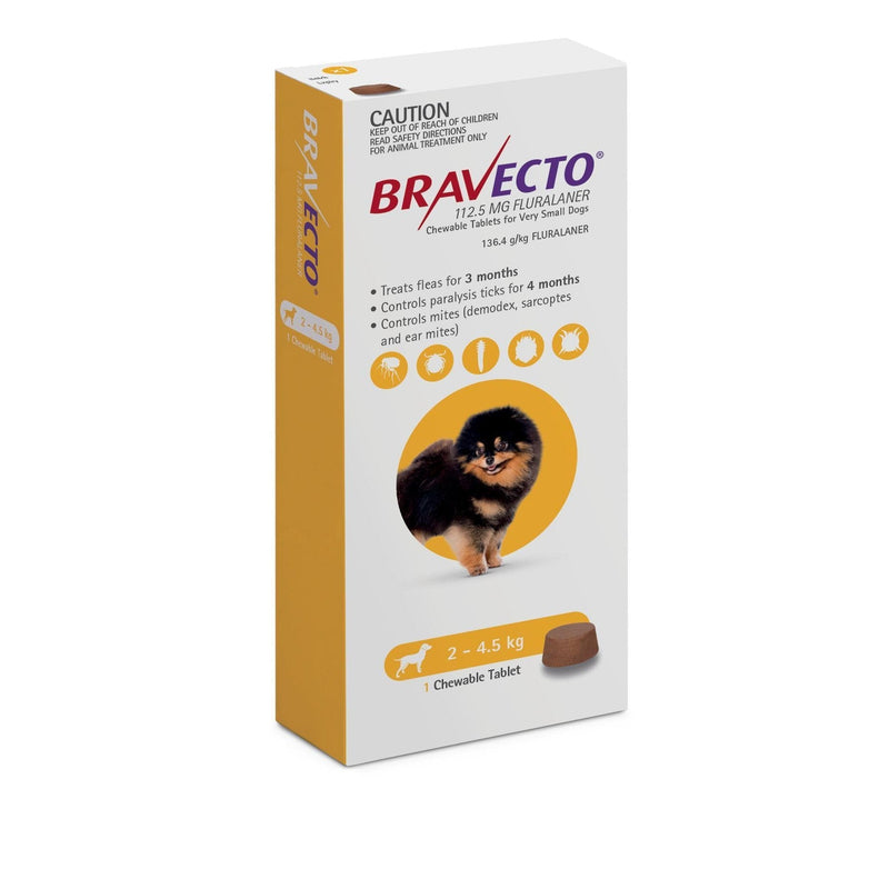 Bravecto Flea and Tick Chew for Extra Small Dogs 2.4kg-5kg Yellow
