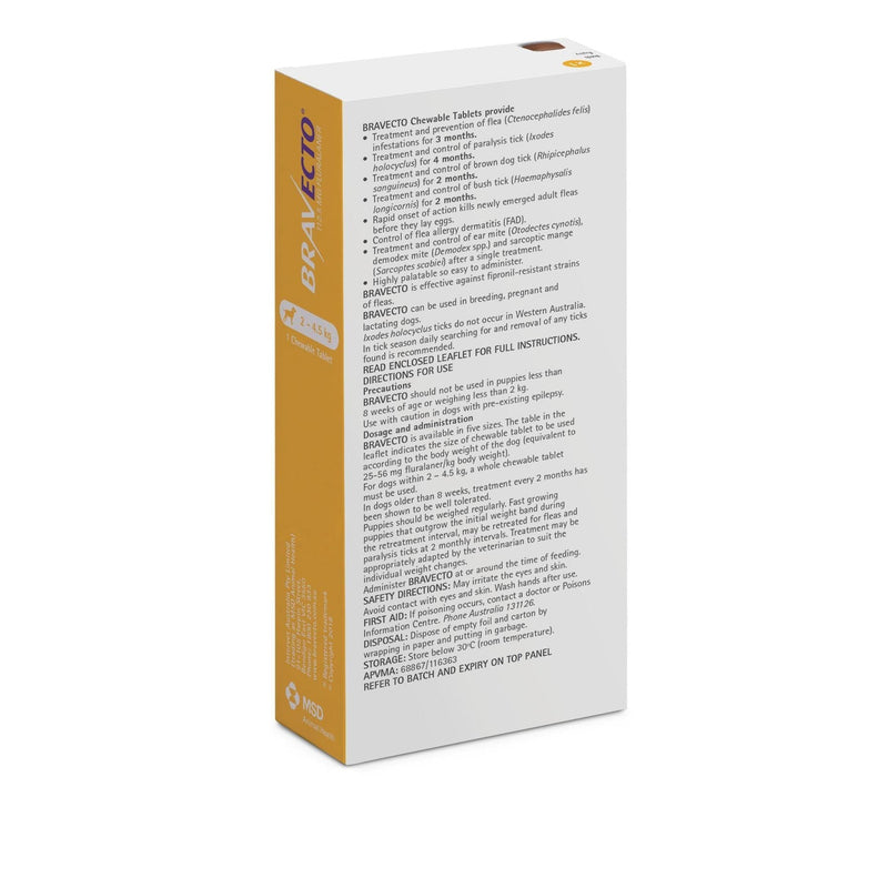 Bravecto Flea and Tick Chew for Extra Small Dogs 2.4kg-5kg Yellow