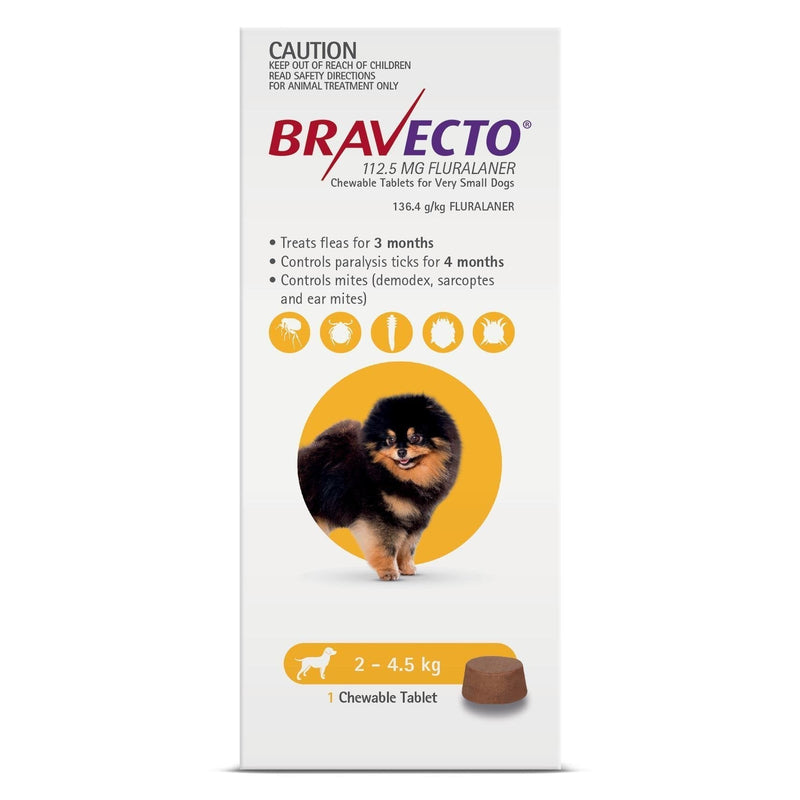 Bravecto Flea and Tick Chew for Extra Small Dogs 2.4kg-5kg Yellow-Habitat Pet Supplies
