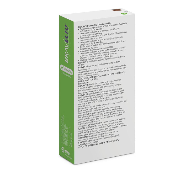 Bravecto Flea and Tick Chew for Medium Dogs 10kg-20kg Green