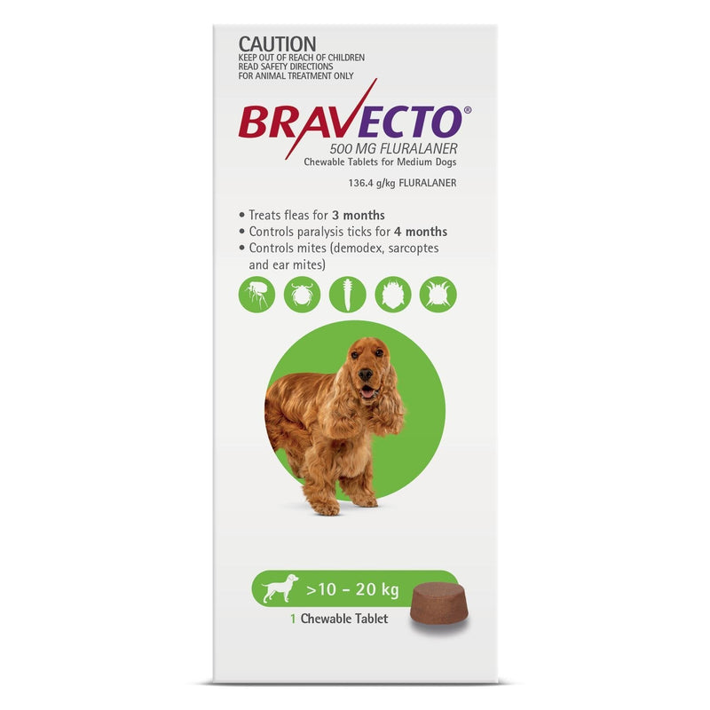 Bravecto Flea and Tick Chew for Medium Dogs 10kg-20kg Green-Habitat Pet Supplies