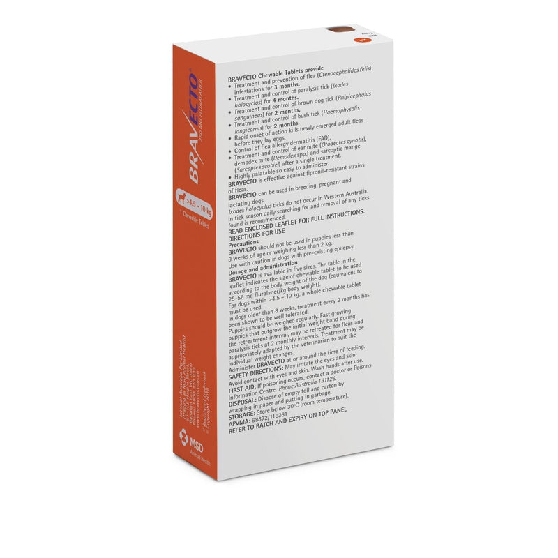 Bravecto Flea and Tick Chew for Small Dogs 4.5kg-10kg Orange